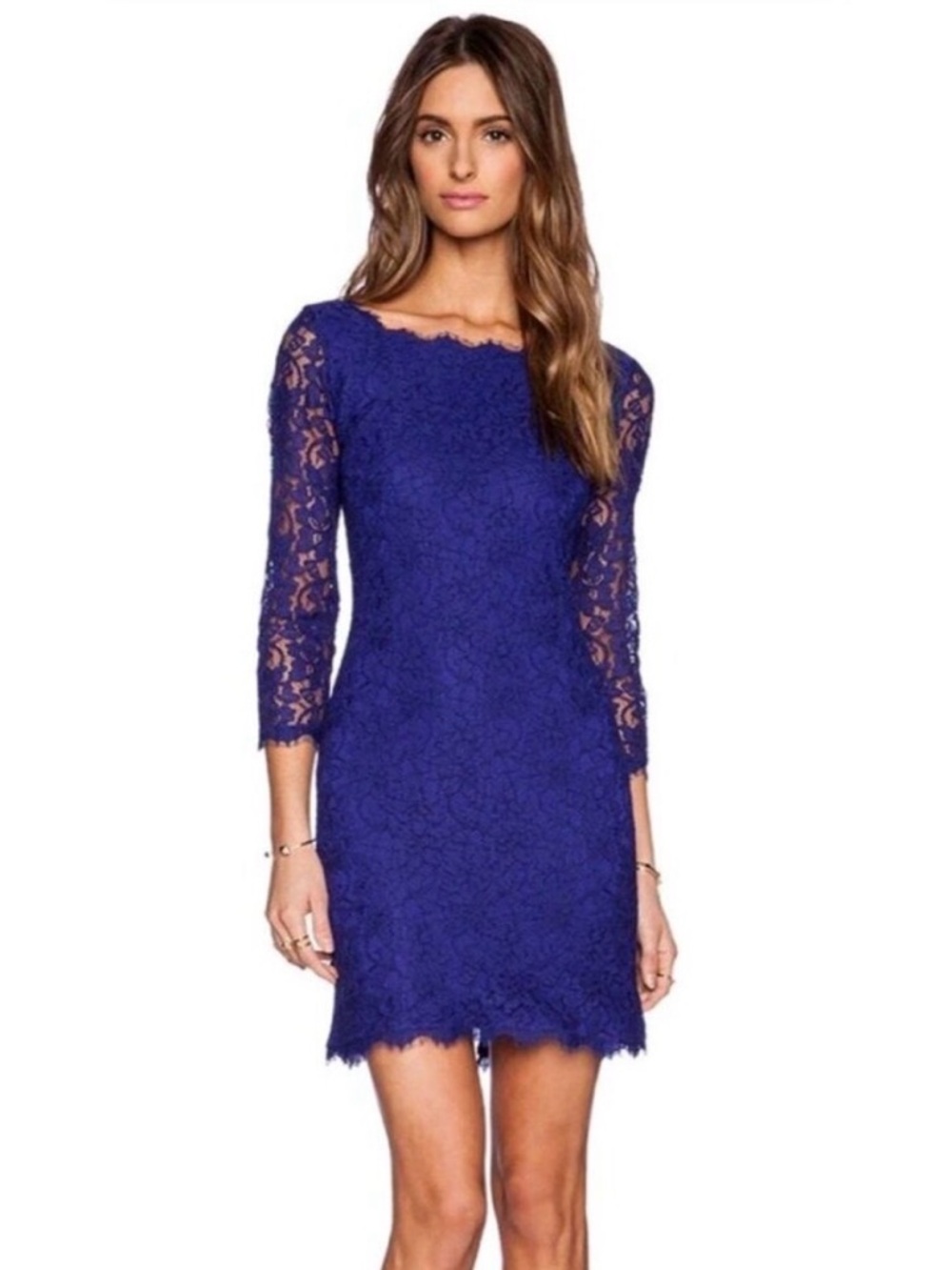 Diane Von Furstenberg Royal Blue Lace Long Sleeve Sheath Dress 0